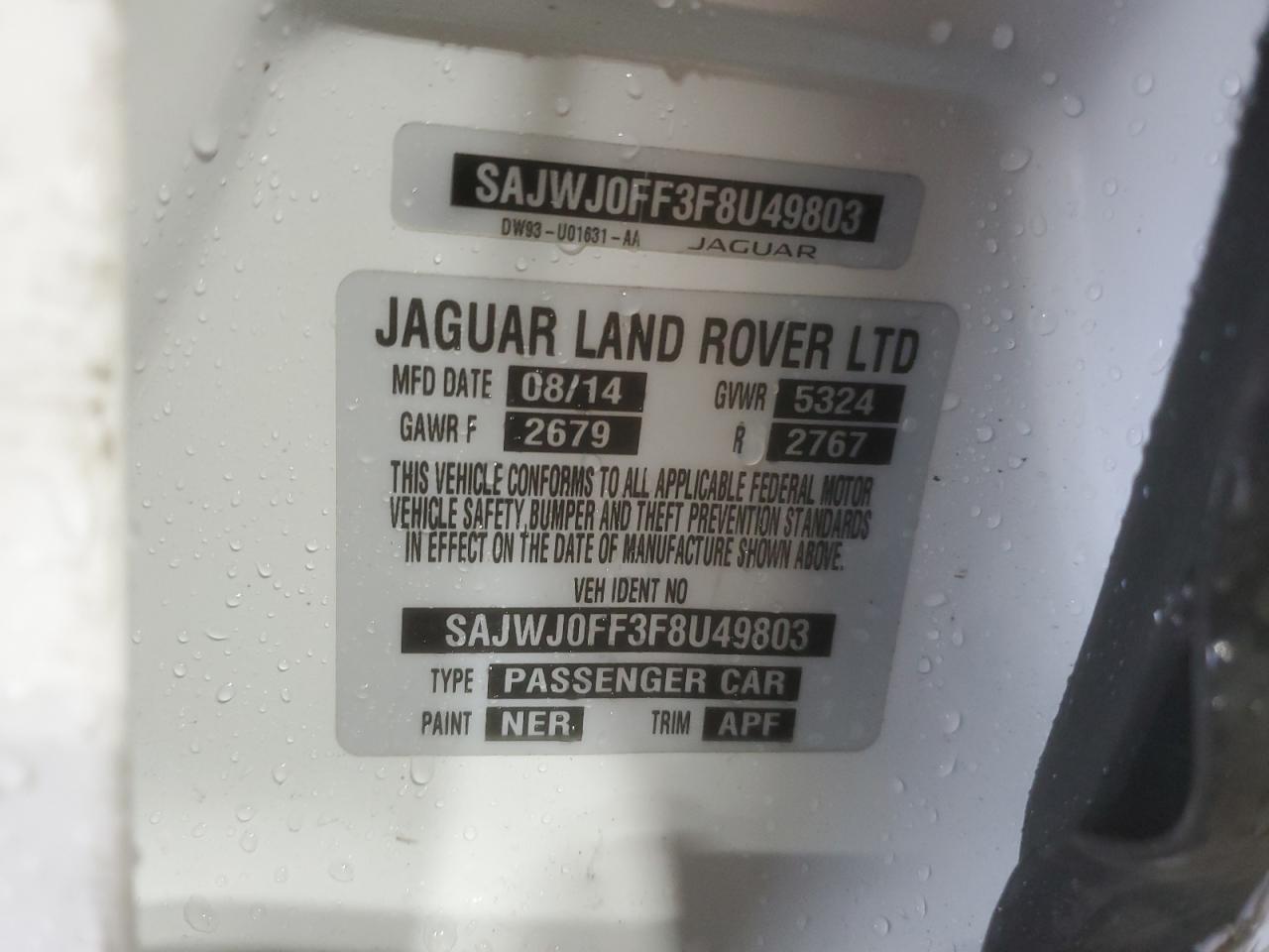 2015 Jaguar Xf 3.0 Sport Awd VIN: SAJWJ0FF3F8U49803 Lot: 90719675