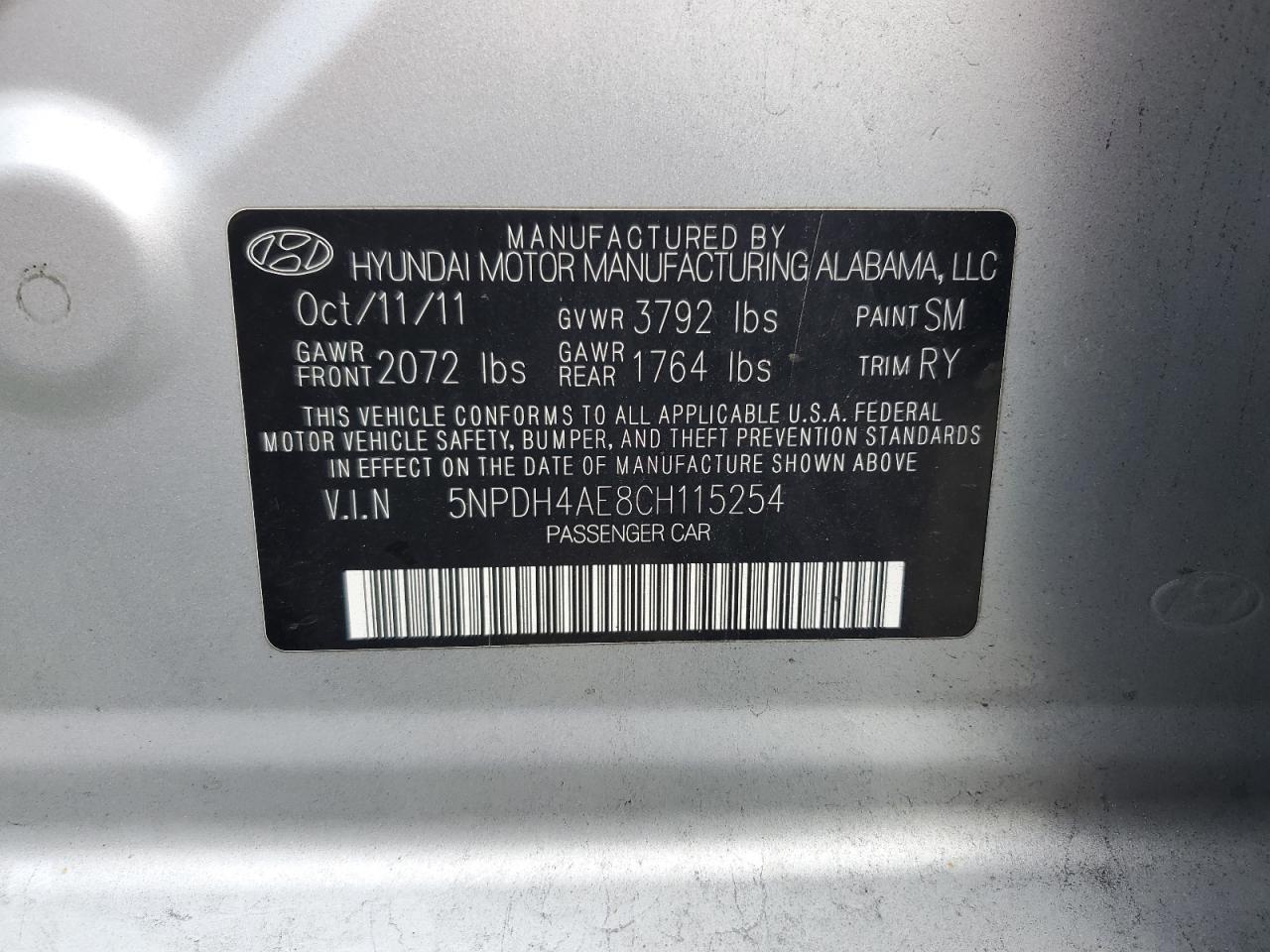 2012 Hyundai Elantra Gls VIN: 5NPDH4AE8CH115254 Lot: 82406005