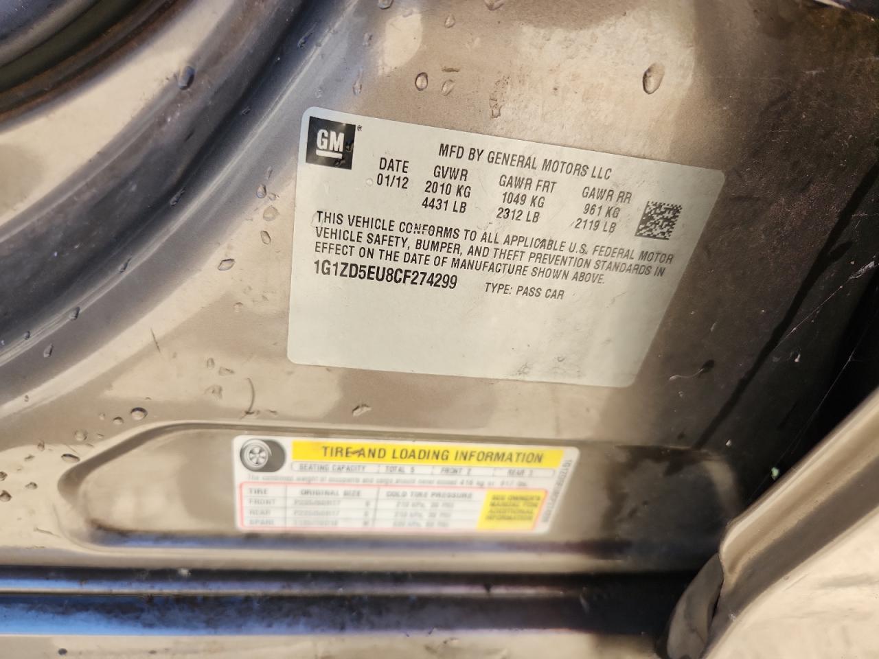 2012 Chevrolet Malibu 2Lt VIN: 1G1ZD5EU8CF274299 Lot: 86243415