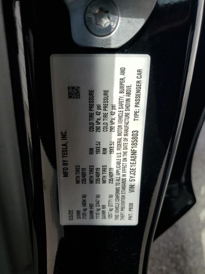2022 Tesla Model 3 VIN: 5YJ3E1EA8NF185803 Lot: 85098345