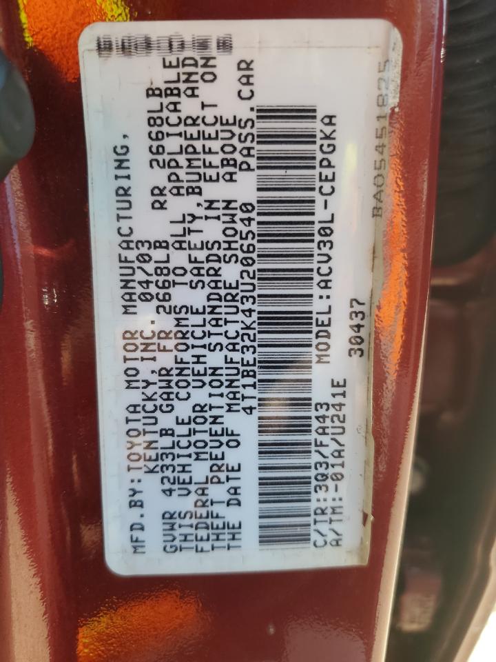 2003 Toyota Camry Le VIN: 4T1BE32K43U206540 Lot: 84896455