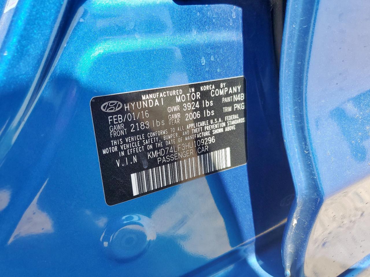 2017 Hyundai Elantra Se VIN: KMHD74LF3HU109296 Lot: 86230295