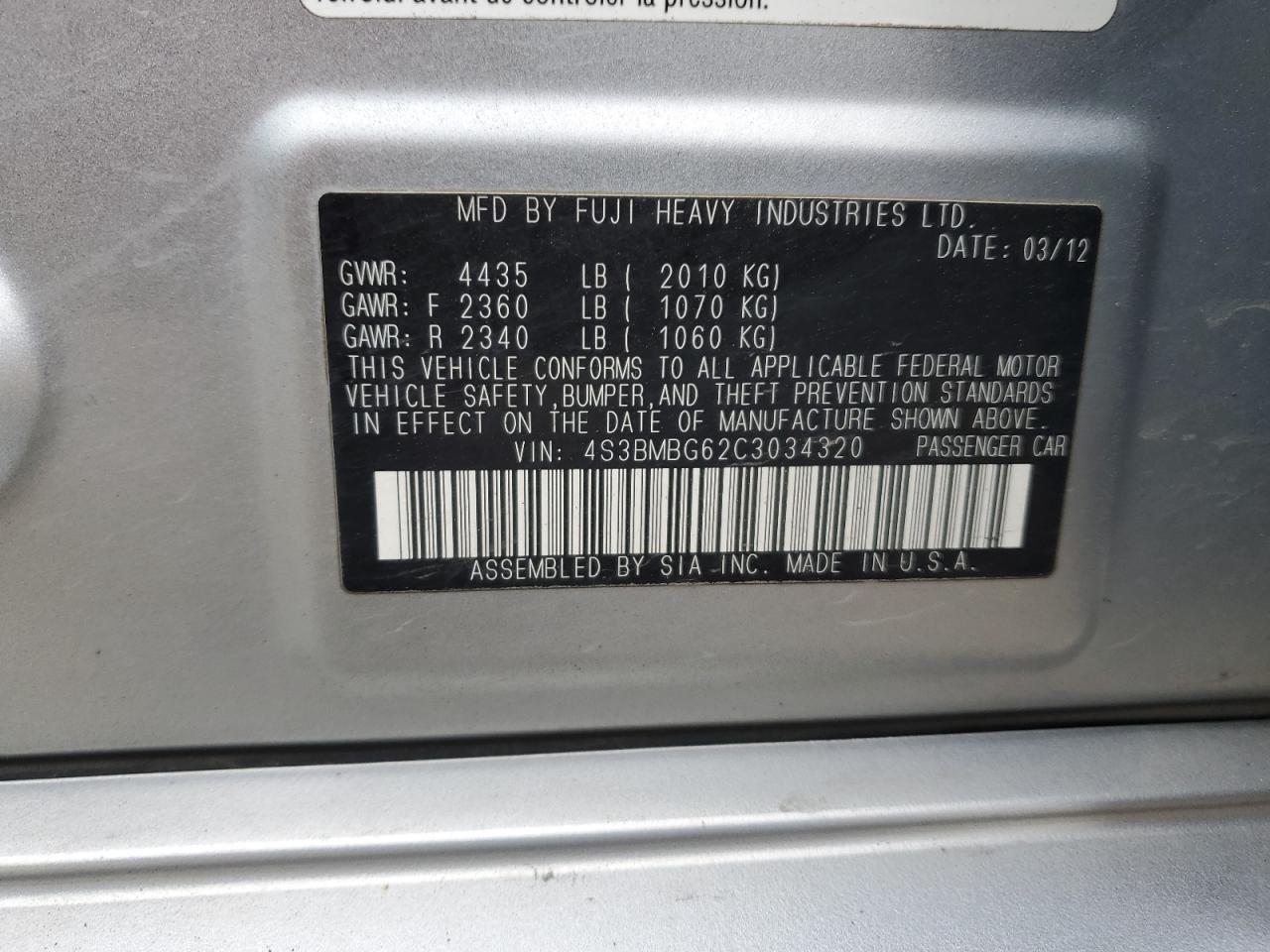 2012 Subaru Legacy 2.5I Premium VIN: 4S3BMBG62C3034320 Lot: 86999125