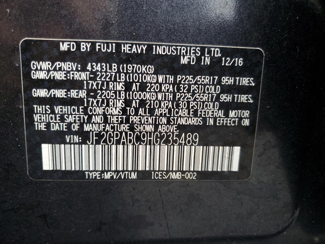 2017 Subaru Crosstrek Premium VIN: JF2GPABC9HG235489 Lot: 85662445