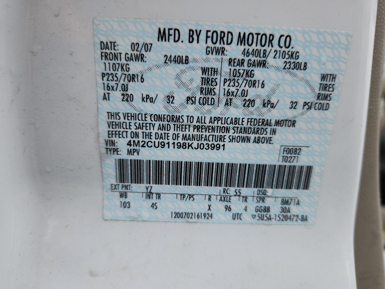 2008 Mercury Mariner VIN: 4M2CU91198KJ03991 Lot: 86231905