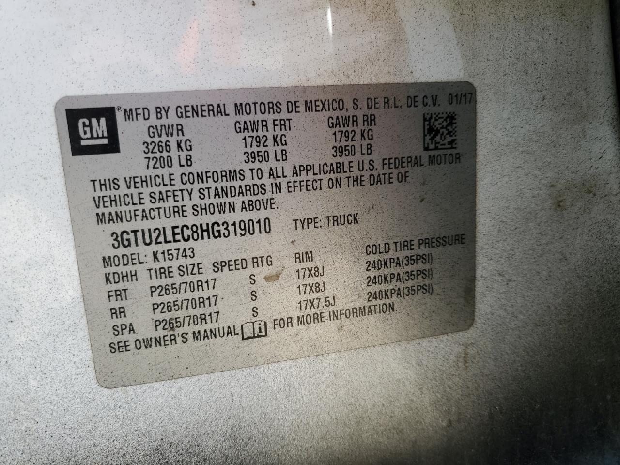 2017 GMC Sierra K1500 VIN: 3GTU2LEC8HG319010 Lot: 84828715