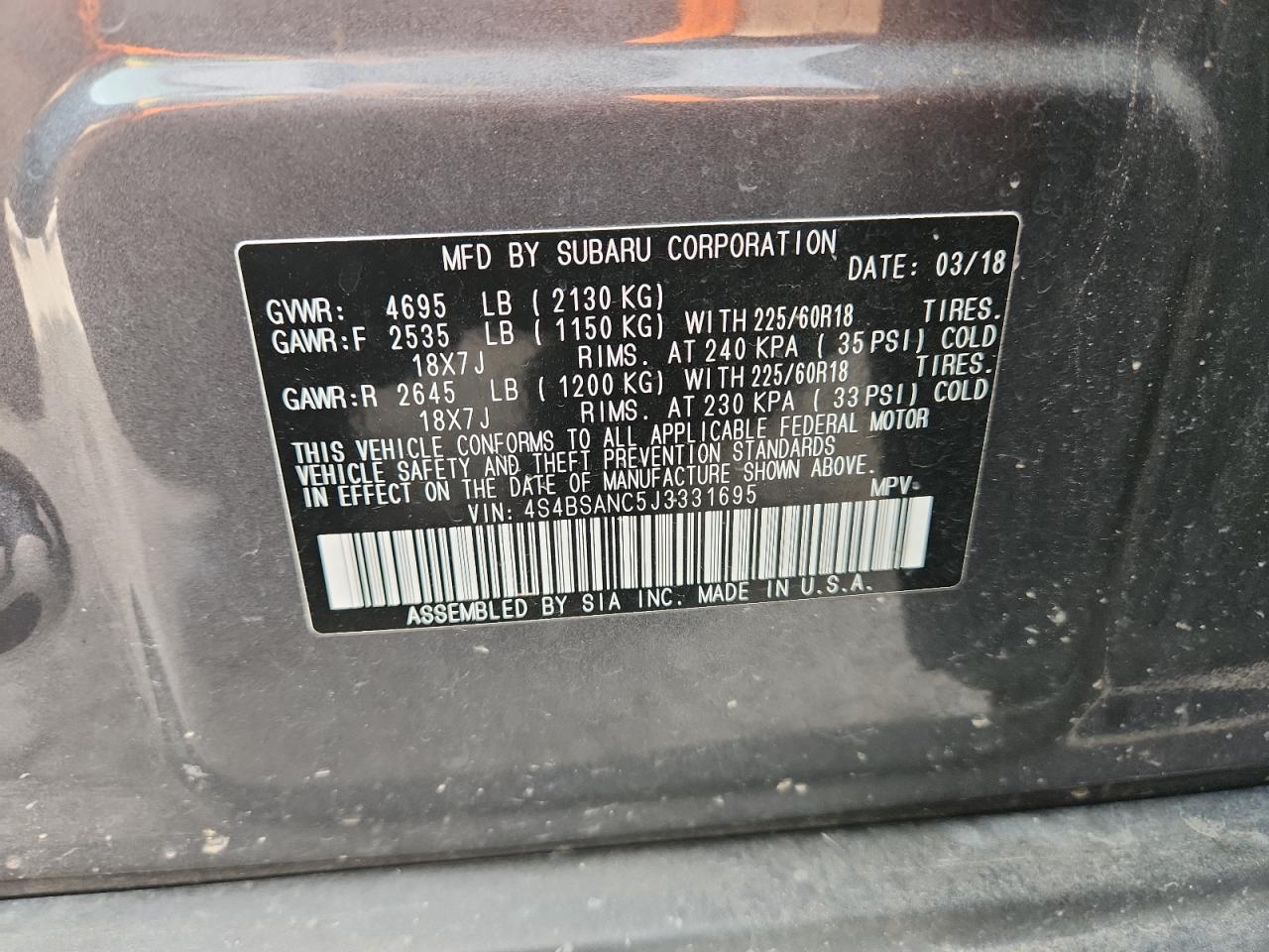 2018 Subaru Outback 2.5I Limited VIN: 4S4BSANC5J3331695 Lot: 85122265