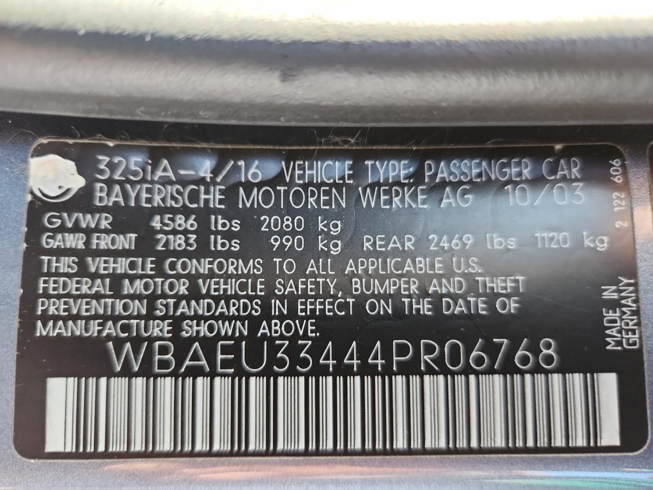 2004 BMW 325 Xi VIN: WBAEU33444PR06768 Lot: 81847255