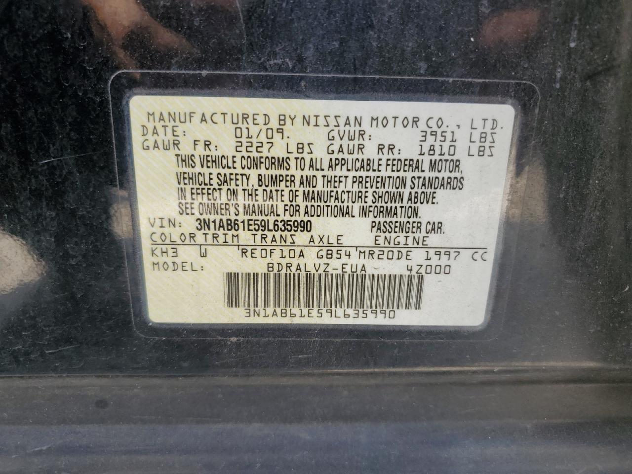 2009 Nissan Sentra 2.0 VIN: 3N1AB61E59L635990 Lot: 86874915