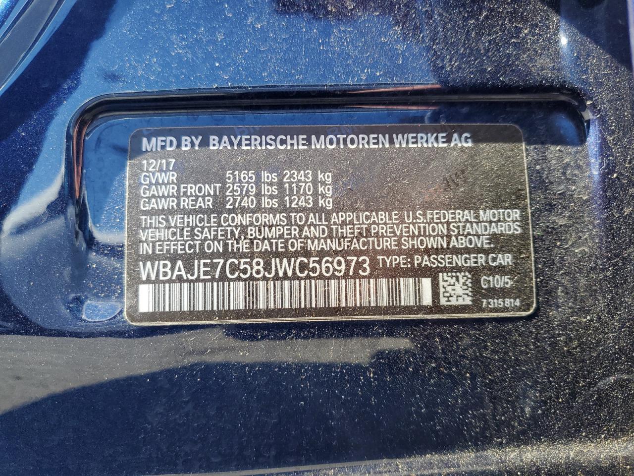 2018 BMW 540 Xi VIN: WBAJE7C58JWC56973 Lot: 84869695