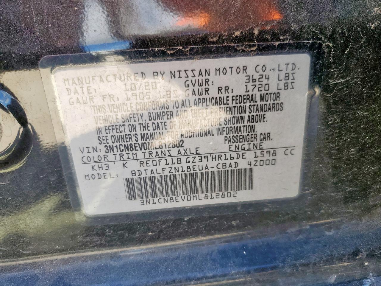 2021 Nissan Versa Sv VIN: 3N1CN8EV0ML812802 Lot: 86080855