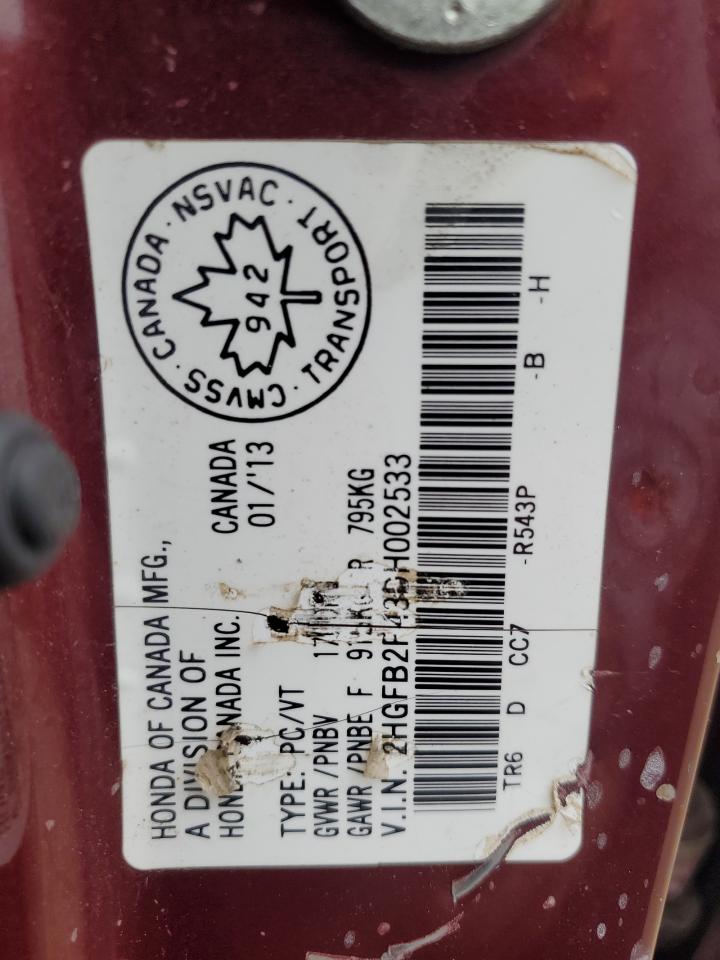 2013 Honda Civic Lx VIN: 2HGFB2F43DH002533 Lot: 84597055