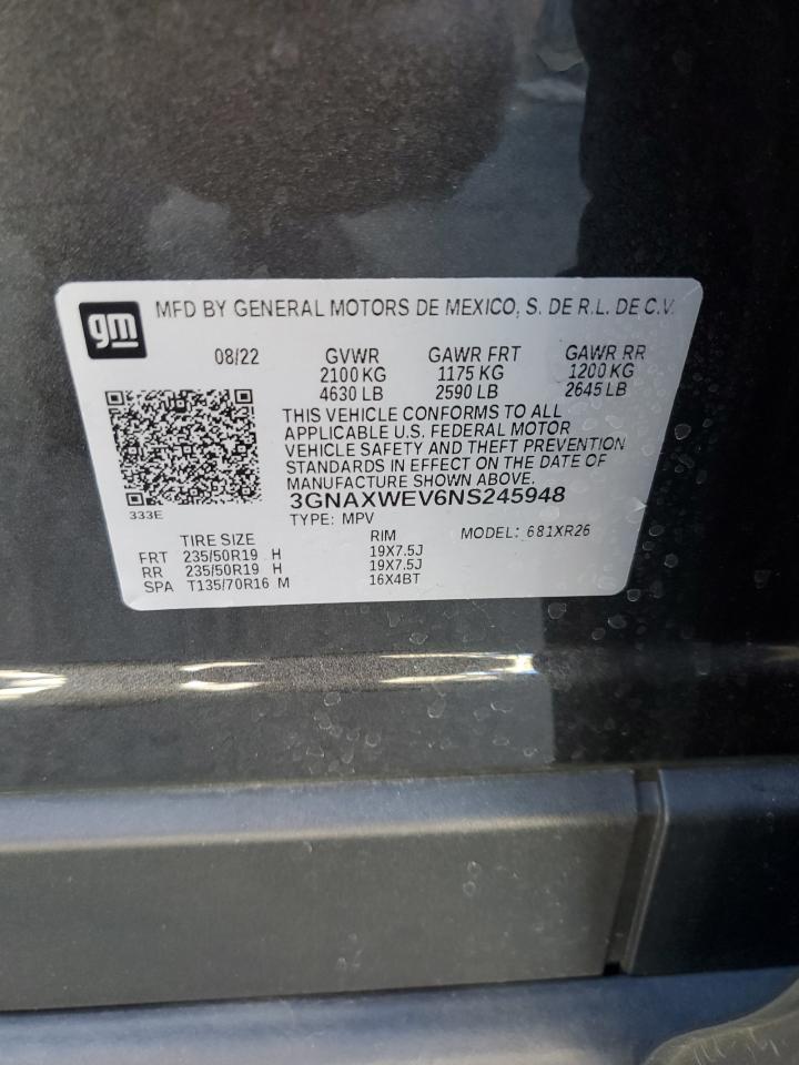 2022 Chevrolet Equinox Rs VIN: 3GNAXWEV6NS245948 Lot: 85873015