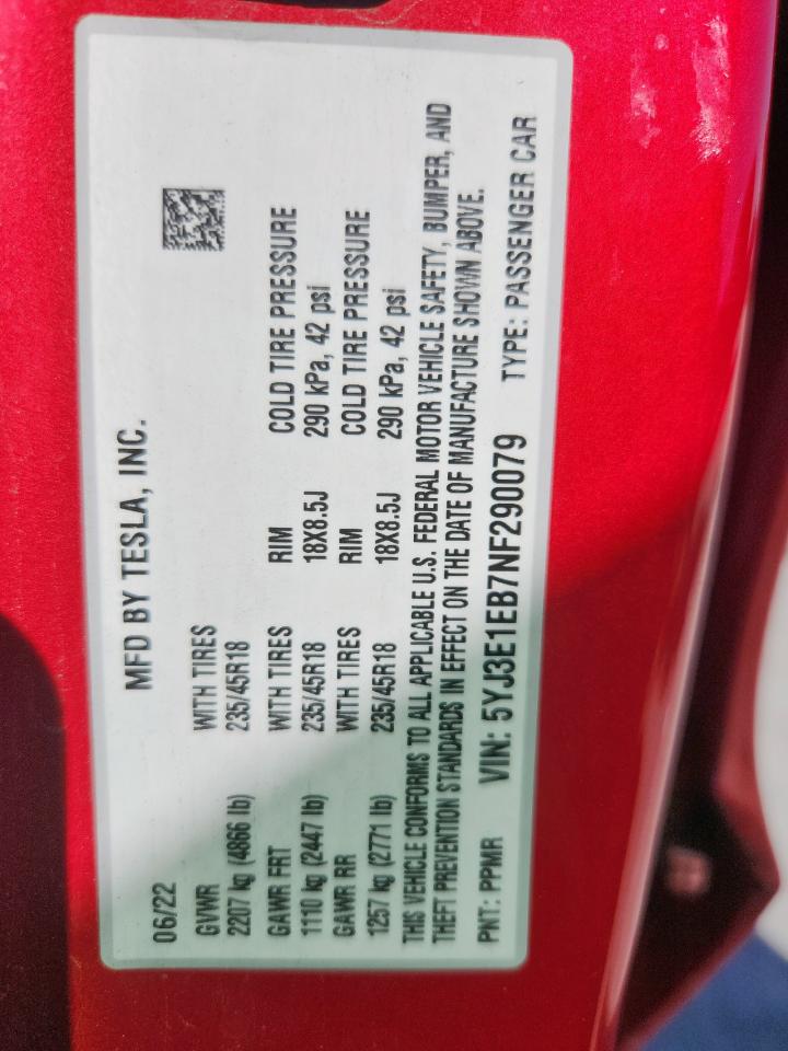 2022 Tesla Model 3 VIN: 5YJ3E1EB7NF290079 Lot: 85572195