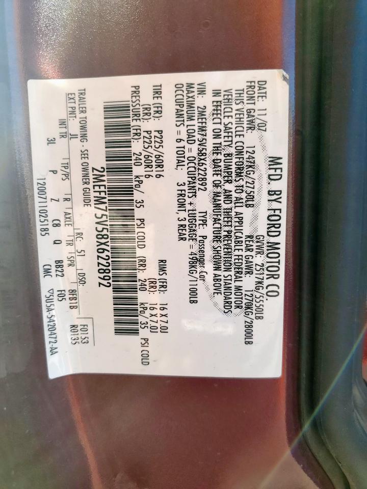 2008 Mercury Grand Marquis Ls VIN: 2MEFM75V58X622892 Lot: 86163235