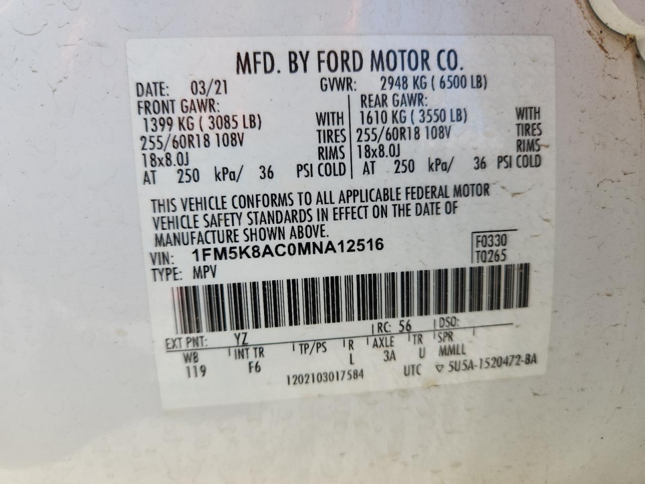 2021 Ford Explorer Police Interceptor VIN: 1FM5K8AC0MNA12516 Lot: 86600145