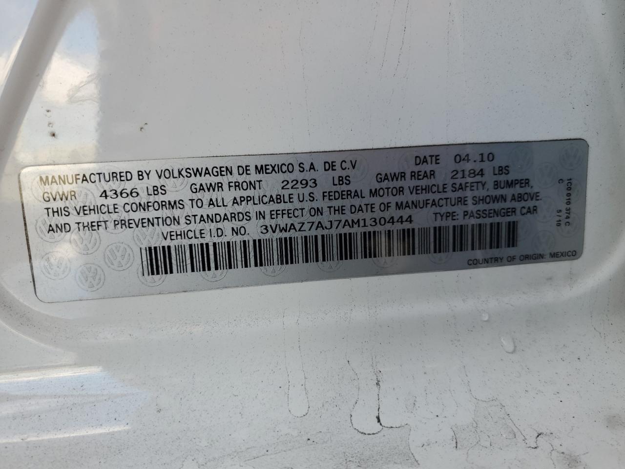 2010 Volkswagen Jetta Limited VIN: 3VWAZ7AJ7AM130444 Lot: 85113605