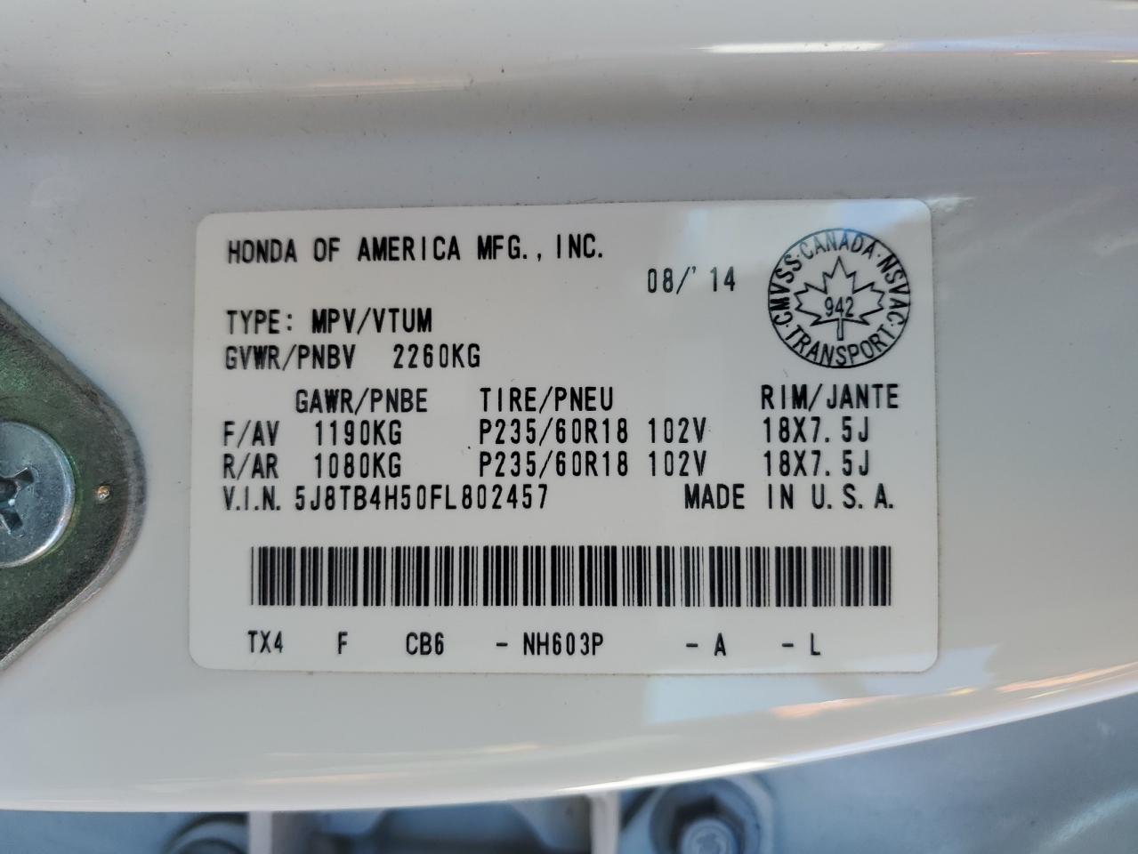 2015 Acura Rdx Technology VIN: 5J8TB4H50FL802457 Lot: 83862905