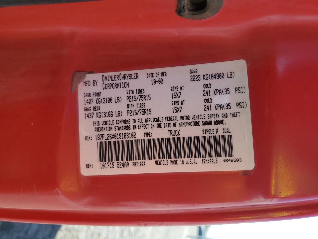 2001 Dodge Dakota VIN: 1B7FL26X01S183102 Lot: 84261005