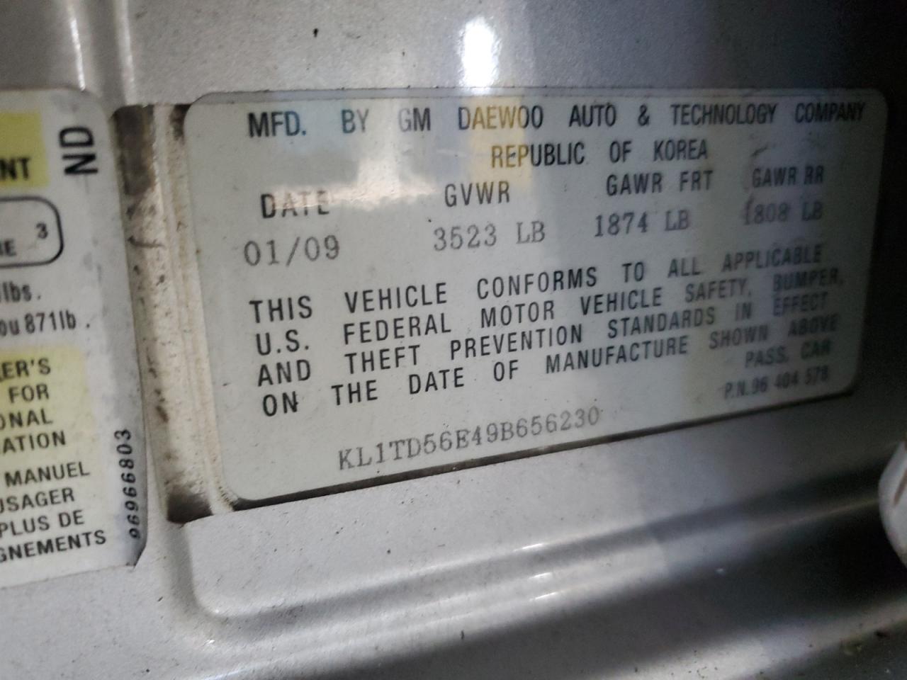 2009 Chevrolet Aveo Ls VIN: KL1TD56E49B656230 Lot: 89552425