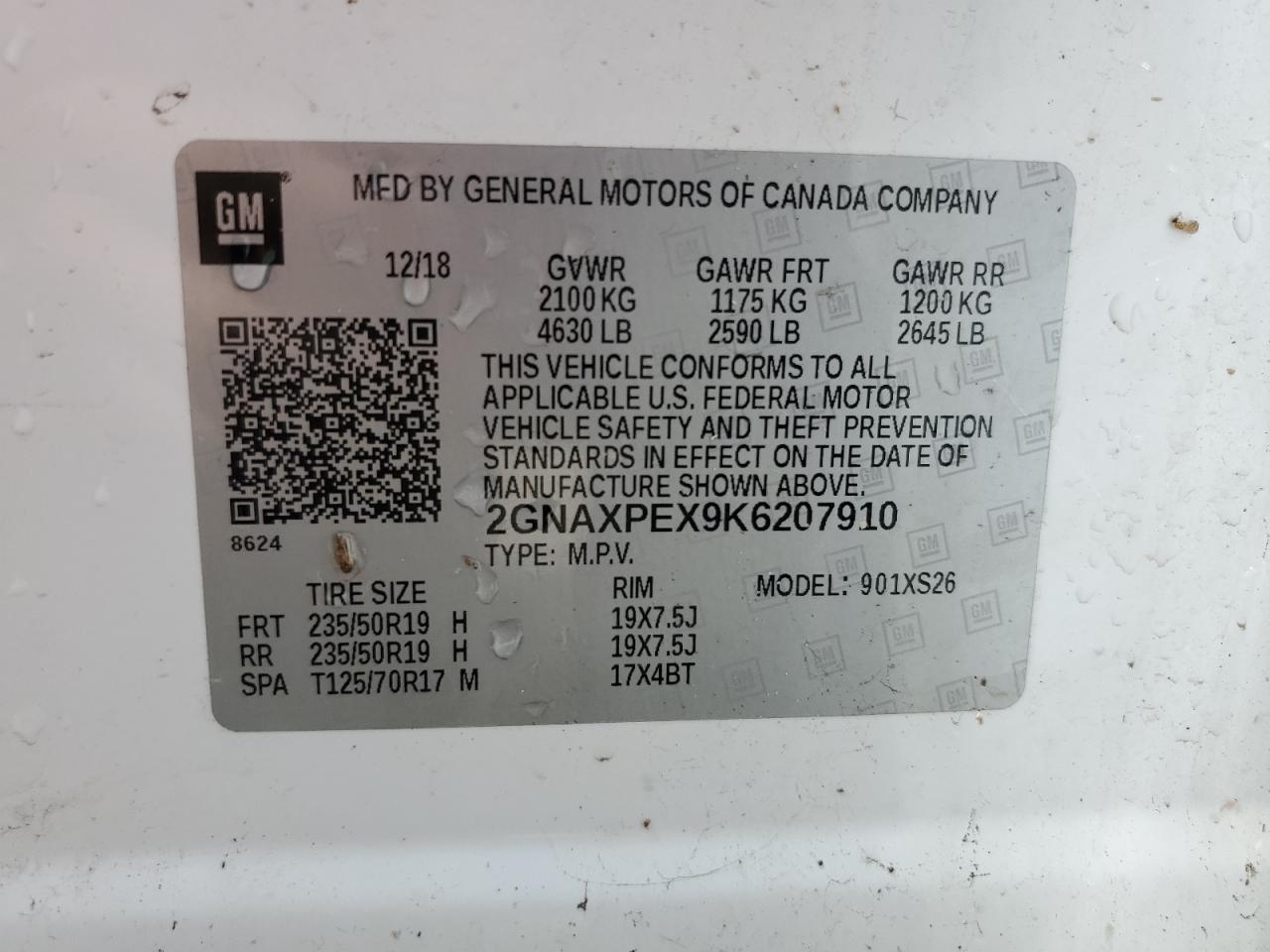 2019 Chevrolet Equinox Premier VIN: 2GNAXPEX9K6207910 Lot: 85303335