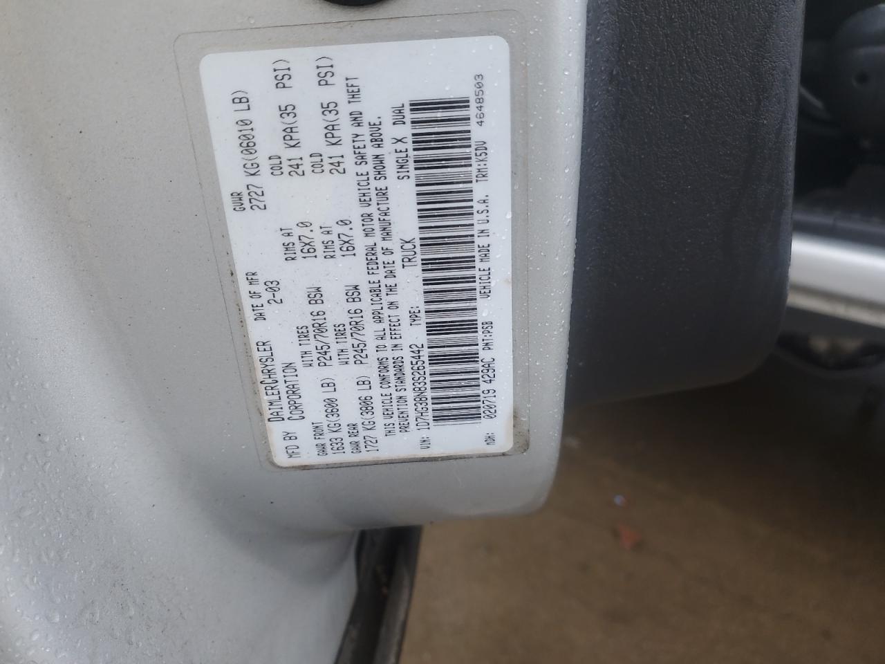 2003 Dodge Dakota Quad Sport VIN: 1D7HG38N83S265442 Lot: 84969985