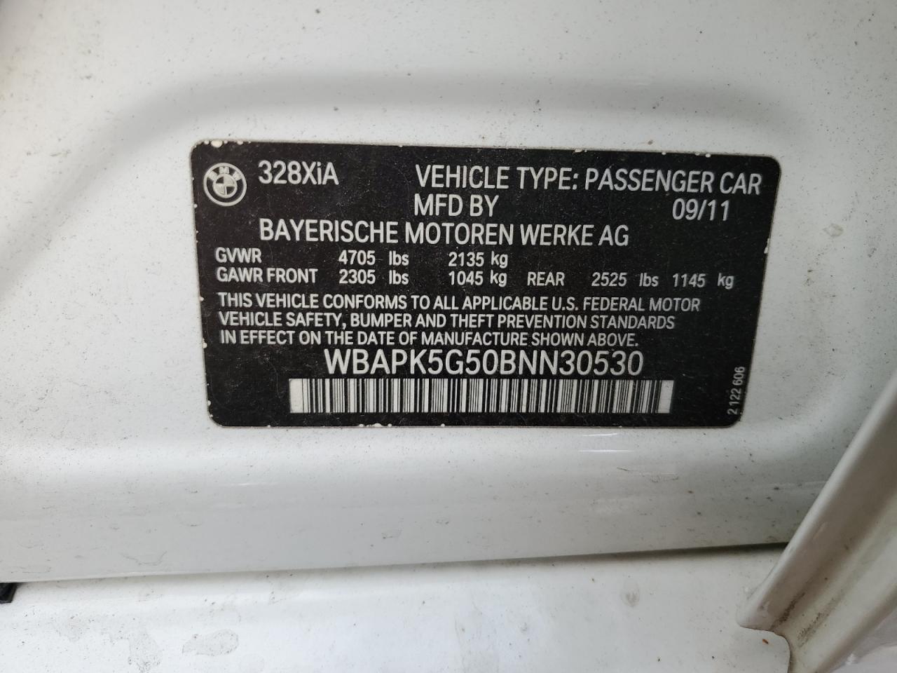 2011 BMW 328 Xi Sulev VIN: WBAPK5G50BNN30530 Lot: 82004255