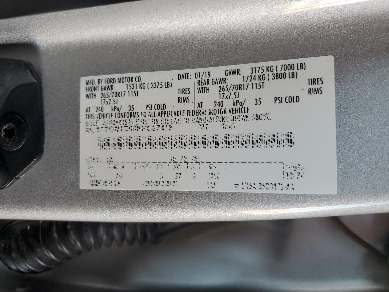 2019 Ford F150 Supercrew VIN: 1FTEW1E55KKC37413 Lot: 84930185