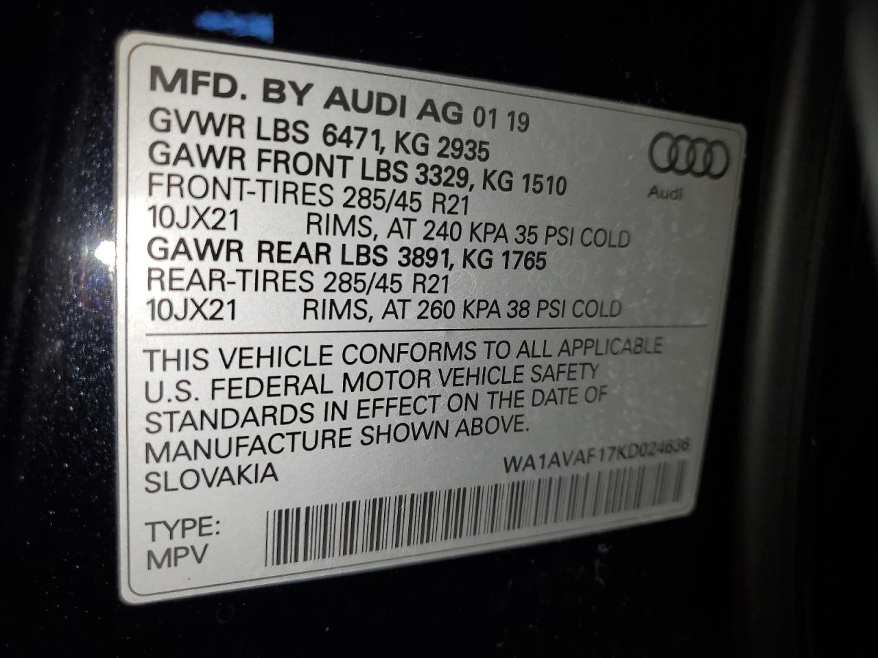 2019 Audi Q8 Premium VIN: WA1AVAF17KD024636 Lot: 87064745