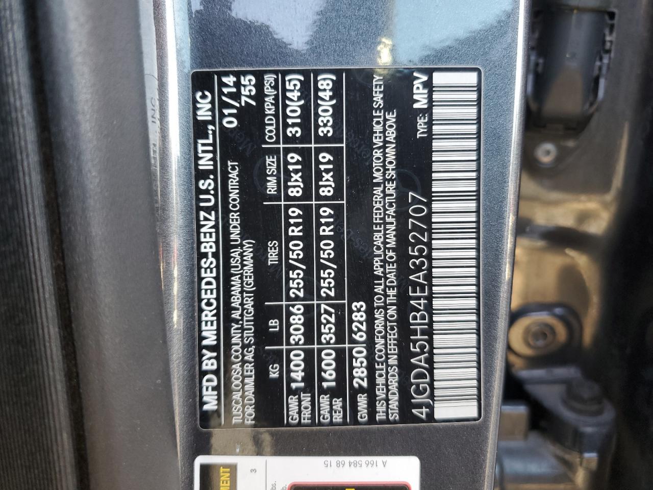 2014 Mercedes-Benz Ml 350 4Matic VIN: 4JGDA5HB4EA352707 Lot: 87254075