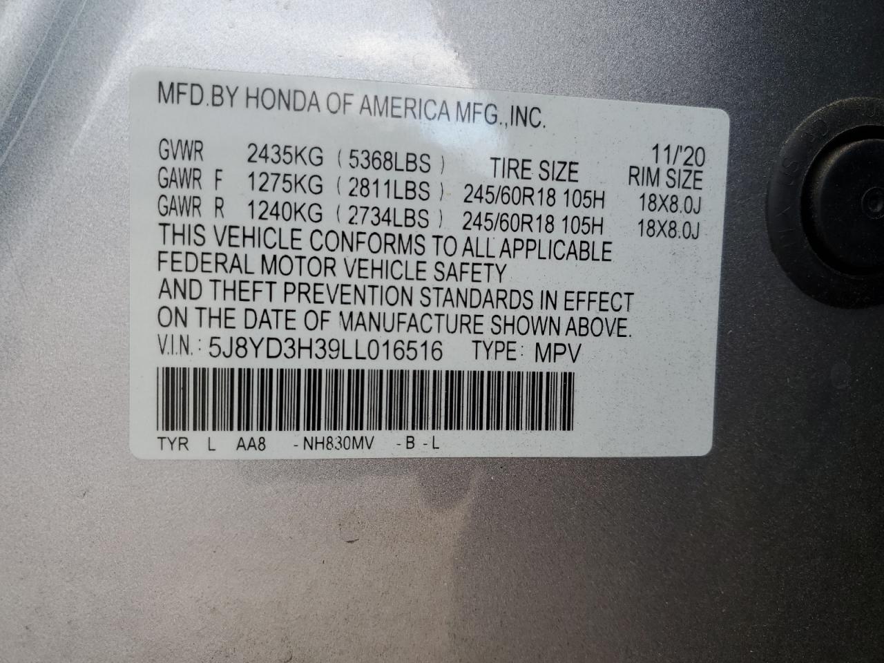 2020 Acura Mdx VIN: 5J8YD3H39LL016516 Lot: 86504695