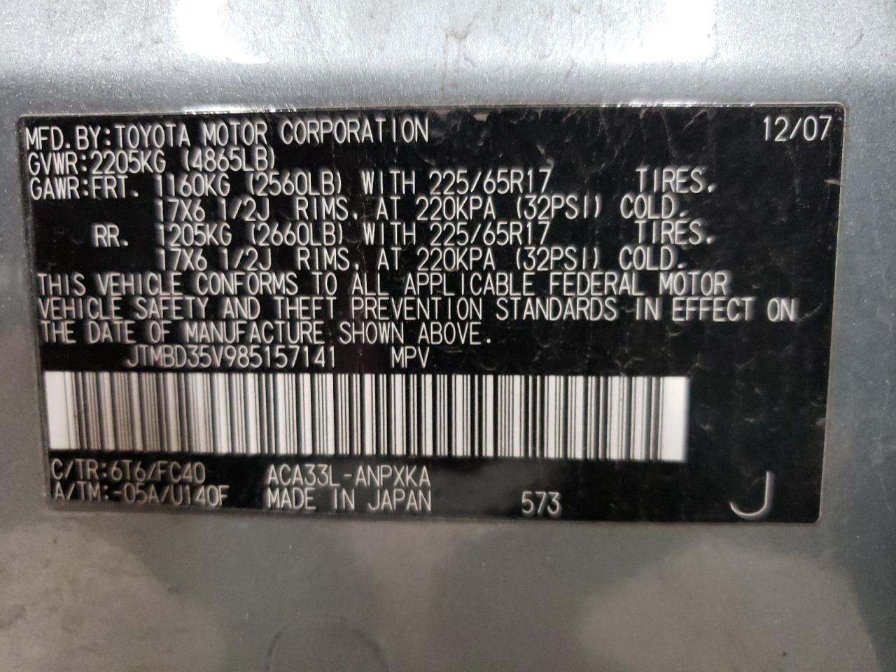 2008 Toyota Rav4 VIN: JTMBD35V985157141 Lot: 86231365