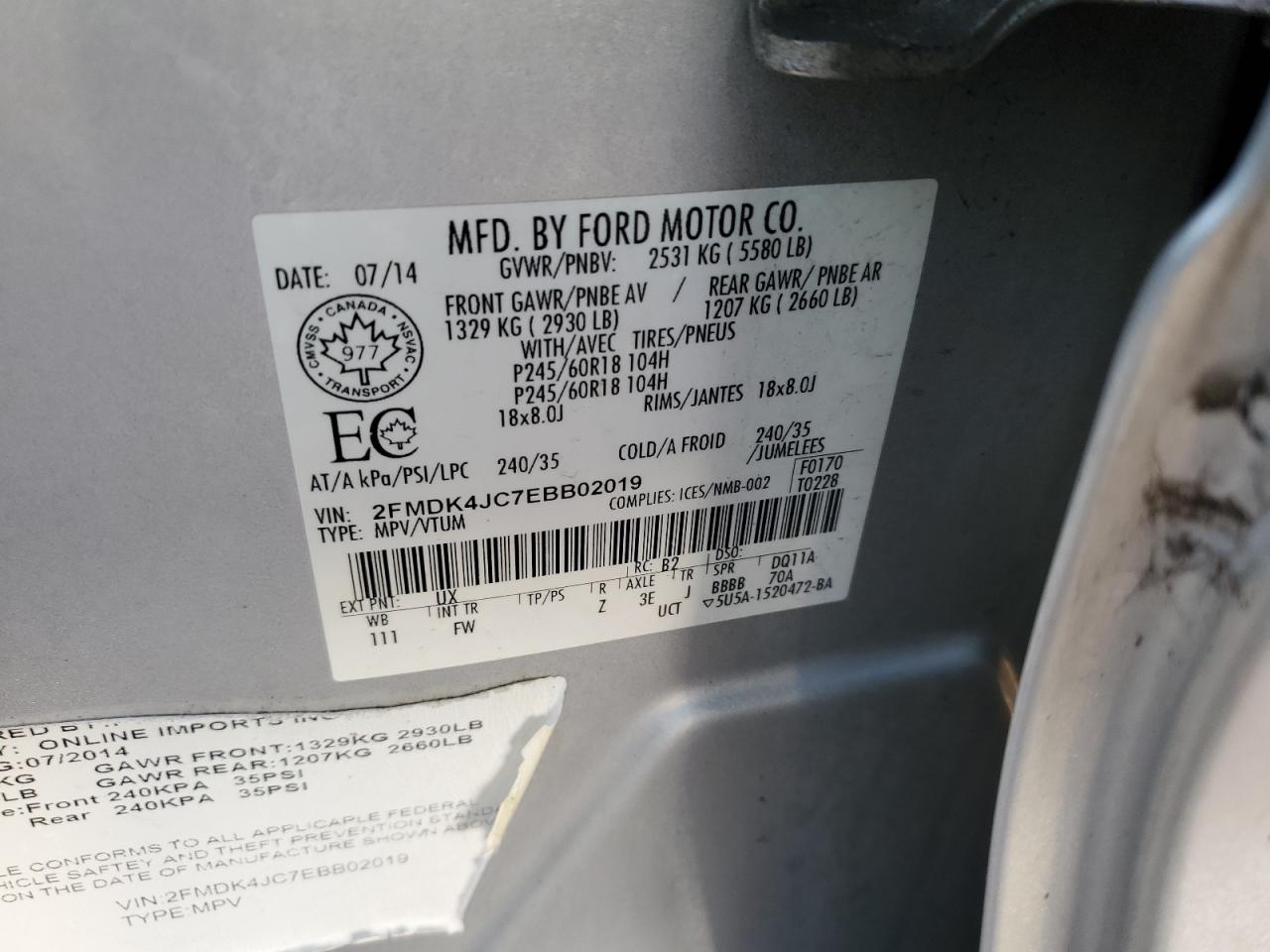 2014 Ford Edge Sel VIN: 2FMDK4JC7EBB02019 Lot: 85351685
