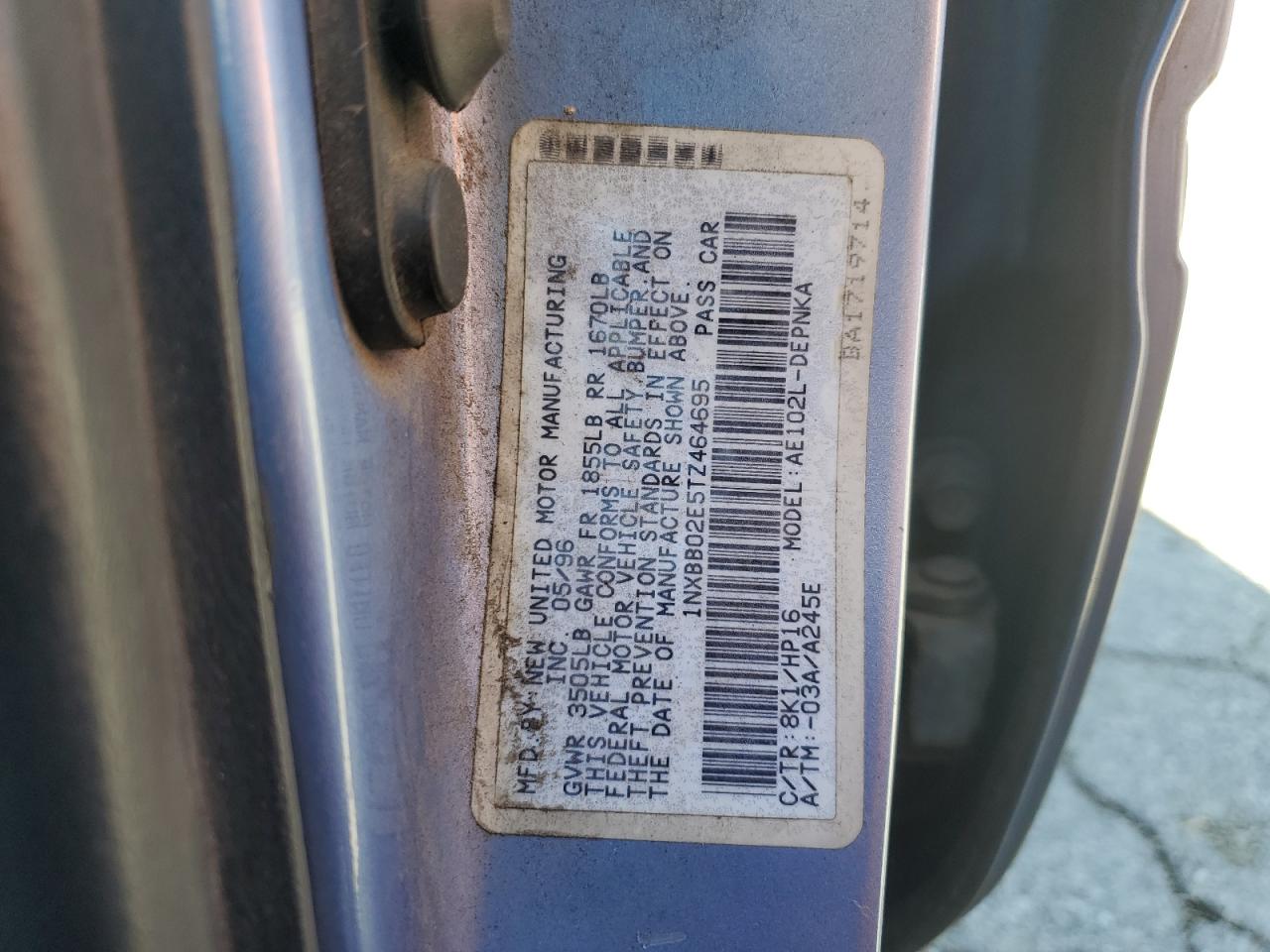 1996 Toyota Corolla Dx VIN: 1NXBB02E5TZ464695 Lot: 86070035