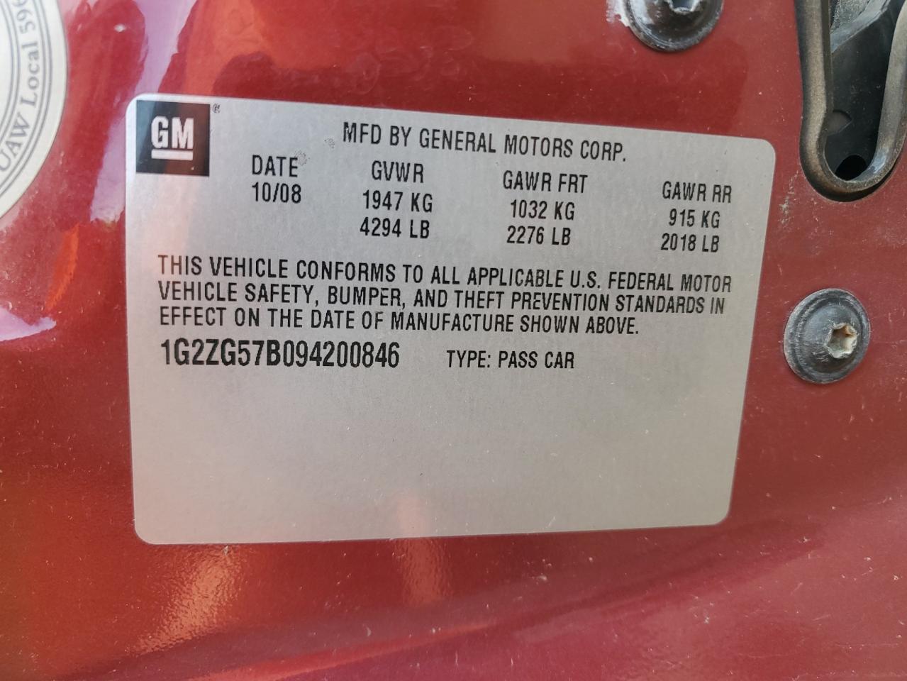 2009 Pontiac G6 VIN: 1G2ZG57B094200846 Lot: 90333275