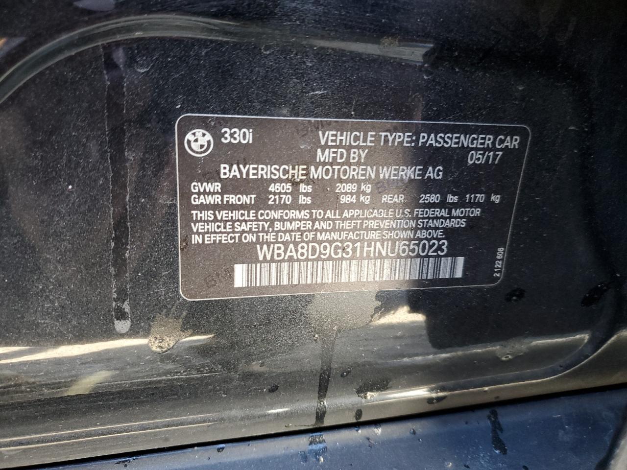 2017 BMW 3 Series VIN: WBA8D9G31HNU65023 Lot: 87059445