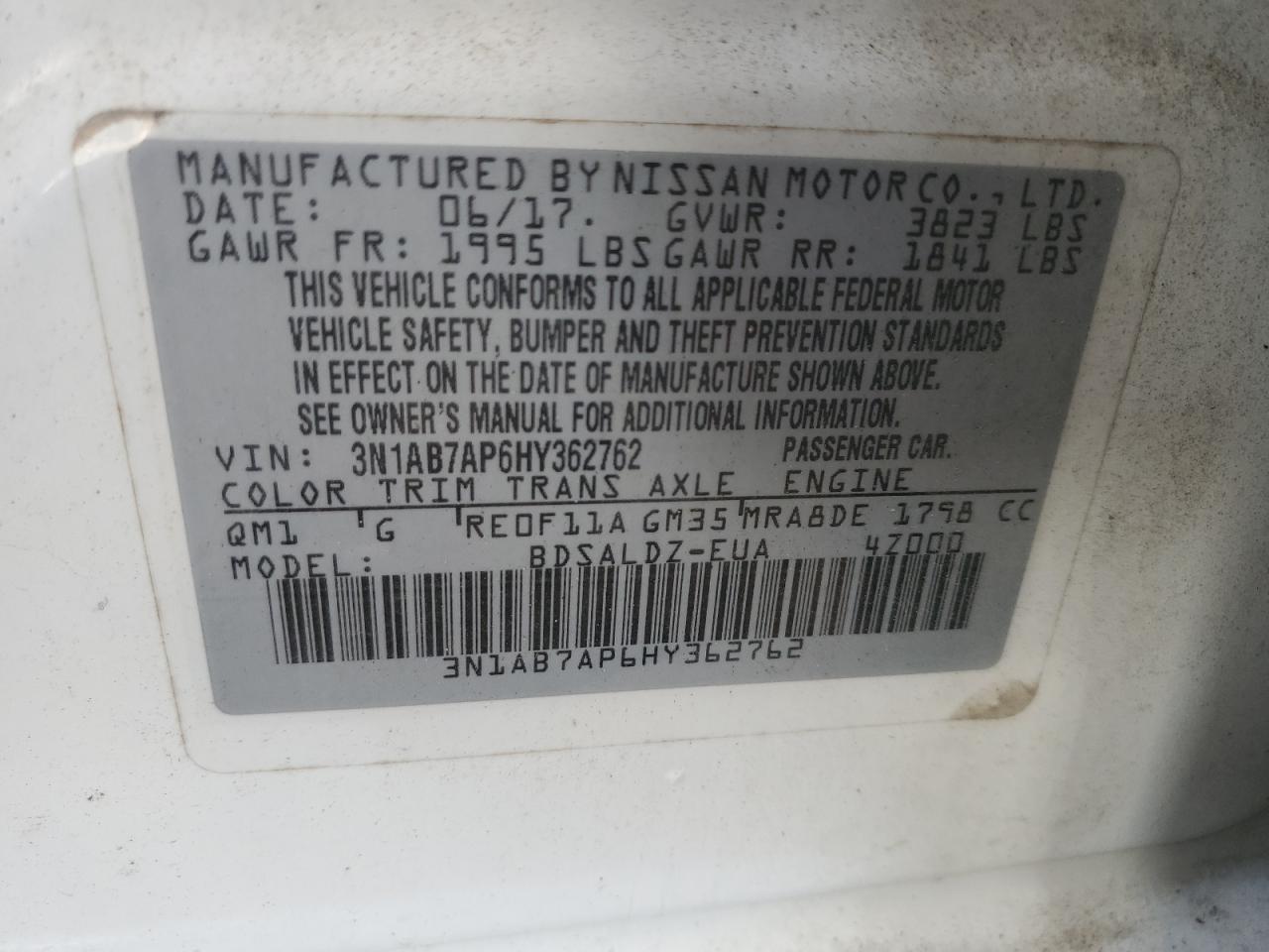 2017 Nissan Sentra S VIN: 3N1AB7AP6HY362762 Lot: 85483735