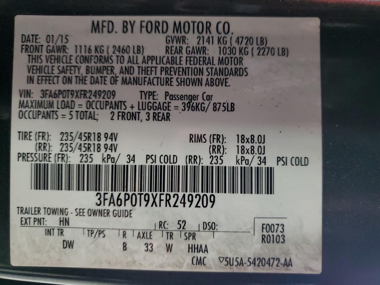 2015 Ford Fusion Se VIN: 3FA6P0T9XFR249209 Lot: 90221335