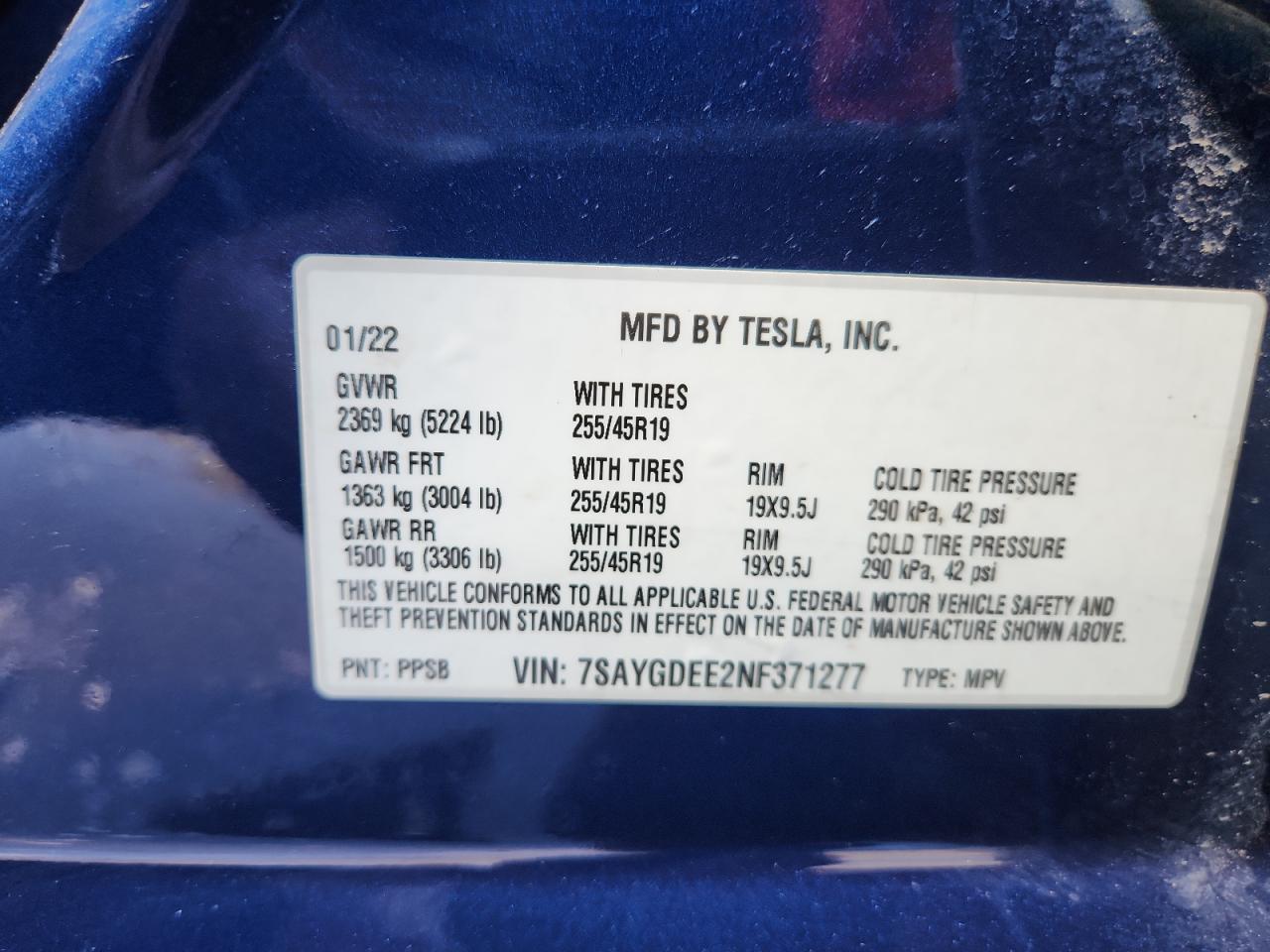 2022 Tesla Model Y VIN: 7SAYGDEE2NF371277 Lot: 84753785