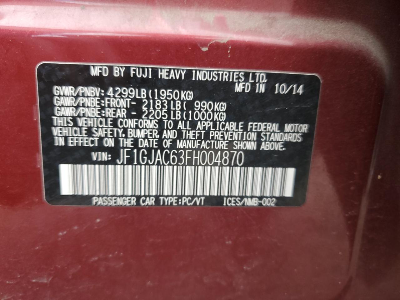 2015 Subaru Impreza Premium VIN: JF1GJAC63FH004870 Lot: 85314315