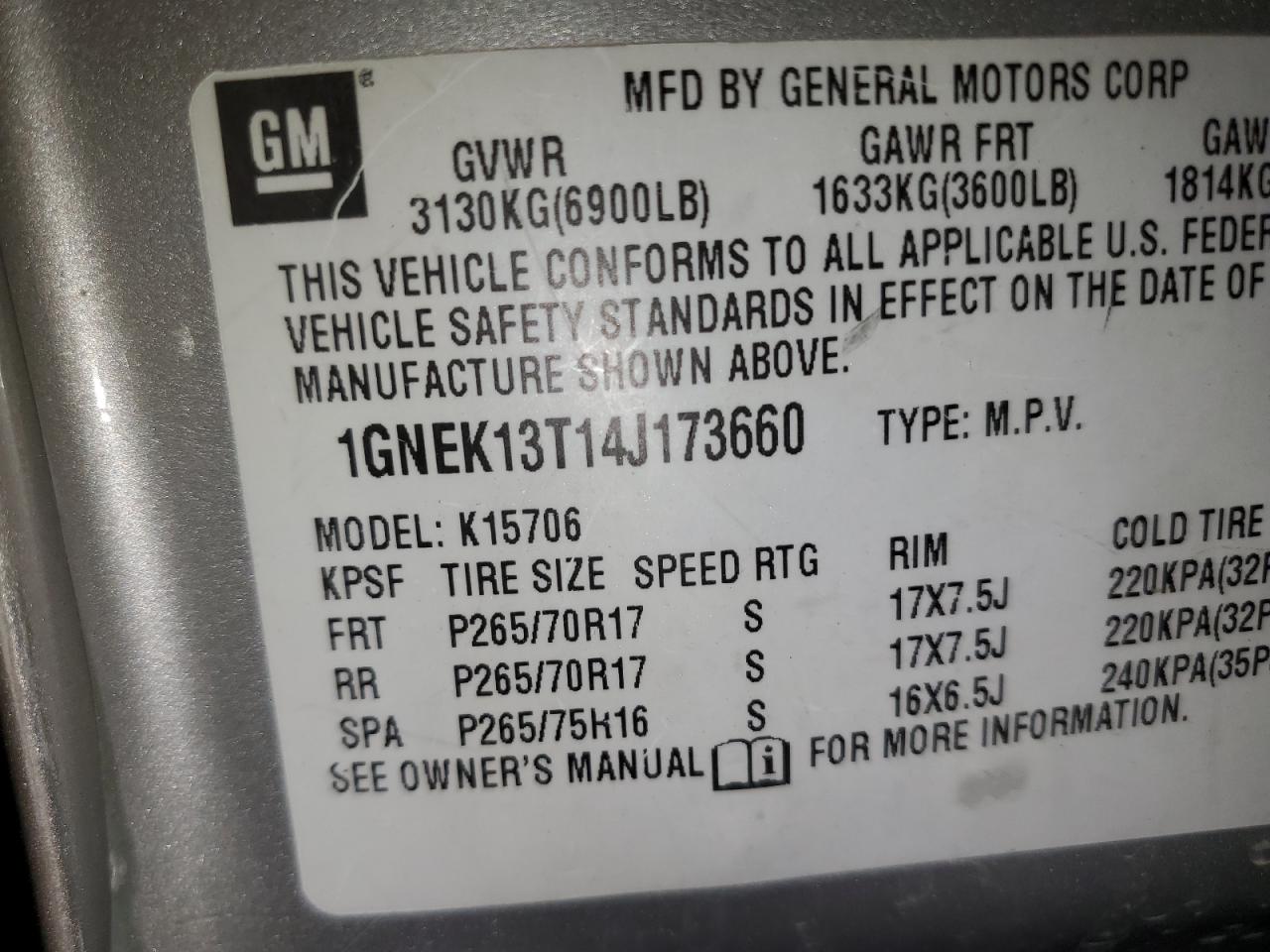 2004 Chevrolet Tahoe K150 VIN: 173660 Lot: 85425745