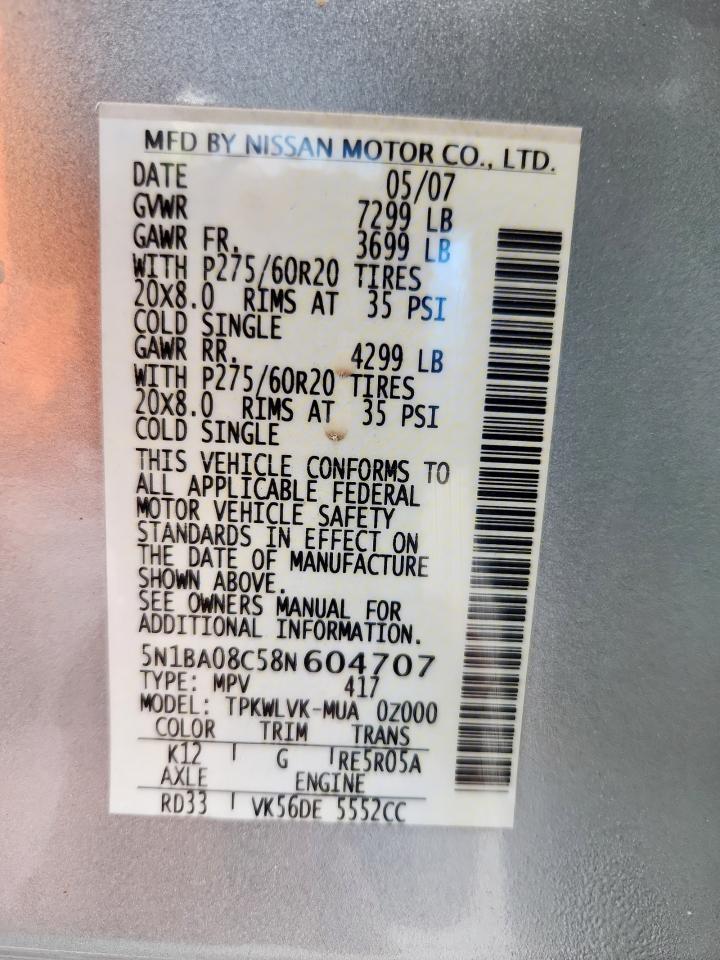 2008 Nissan Armada Se VIN: 5N1BA08C58N604707 Lot: 85576825