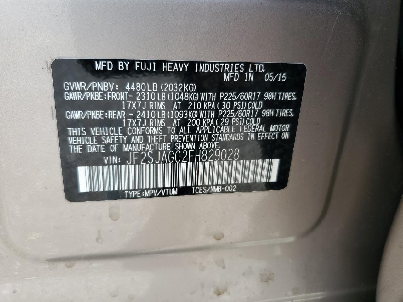 2015 Subaru Forester 2.5I Premium VIN: JF2SJAGC2FH829028 Lot: 84982645