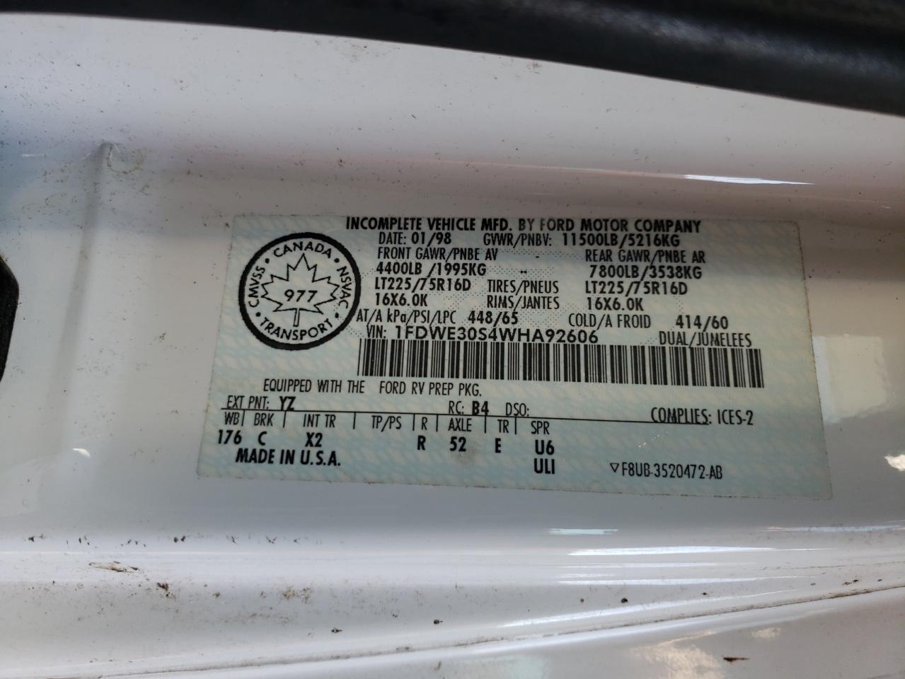 1998 Ford Econoline E350 Cutaway Van VIN: 1FDWE30S4WHA92606 Lot: 85154335