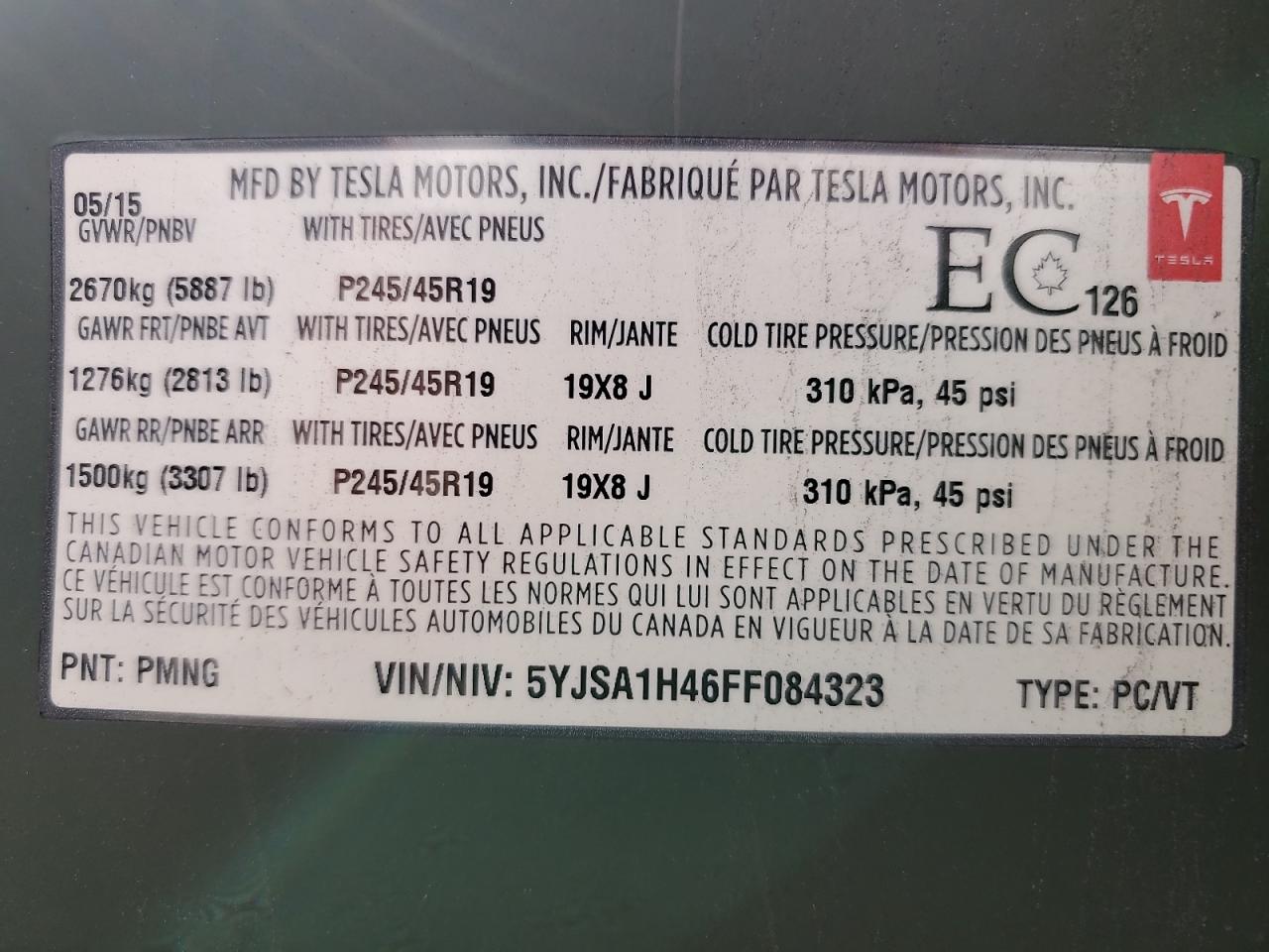 2015 Tesla Model S P85D VIN: 5YJSA1H46FF084323 Lot: 82369285