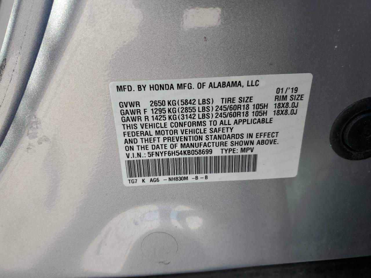 2019 Honda Pilot Exl VIN: 5FNYF6H54KB058699 Lot: 82254745