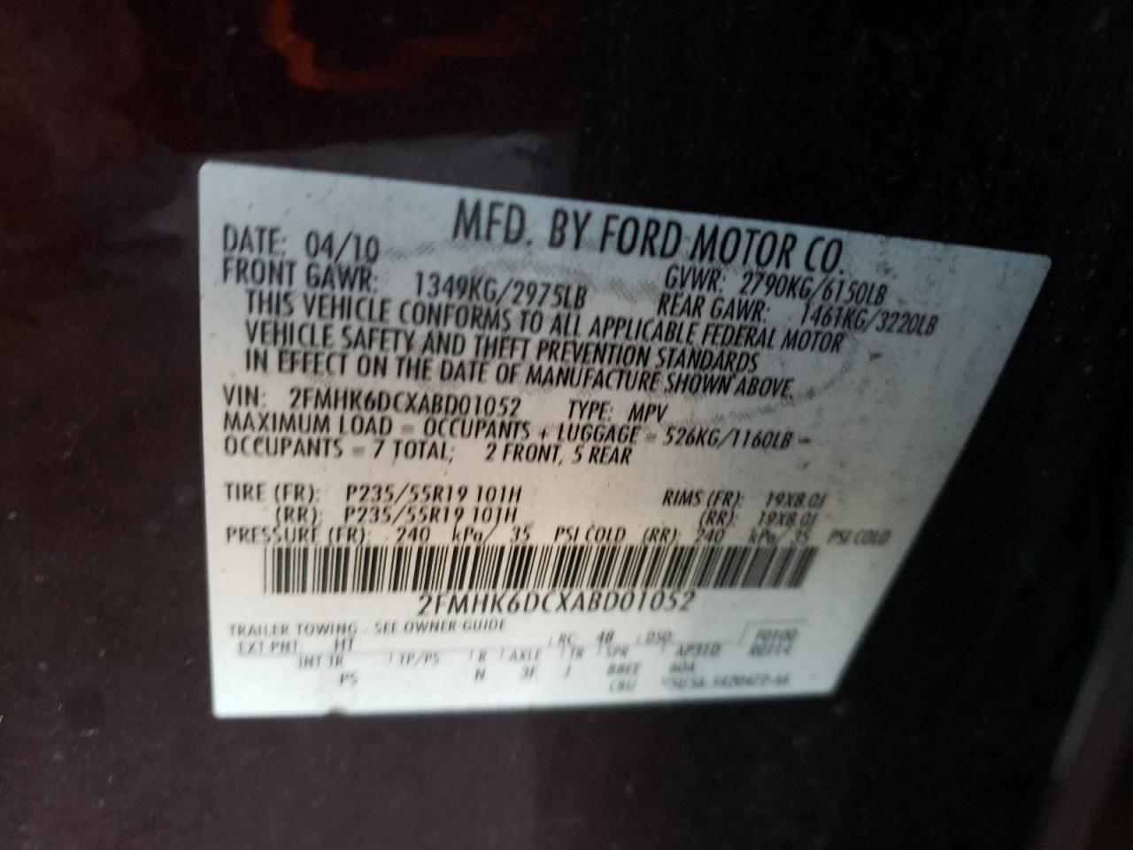 2010 Ford Flex Limited VIN: 2FMHK6DCXABD01052 Lot: 90065265