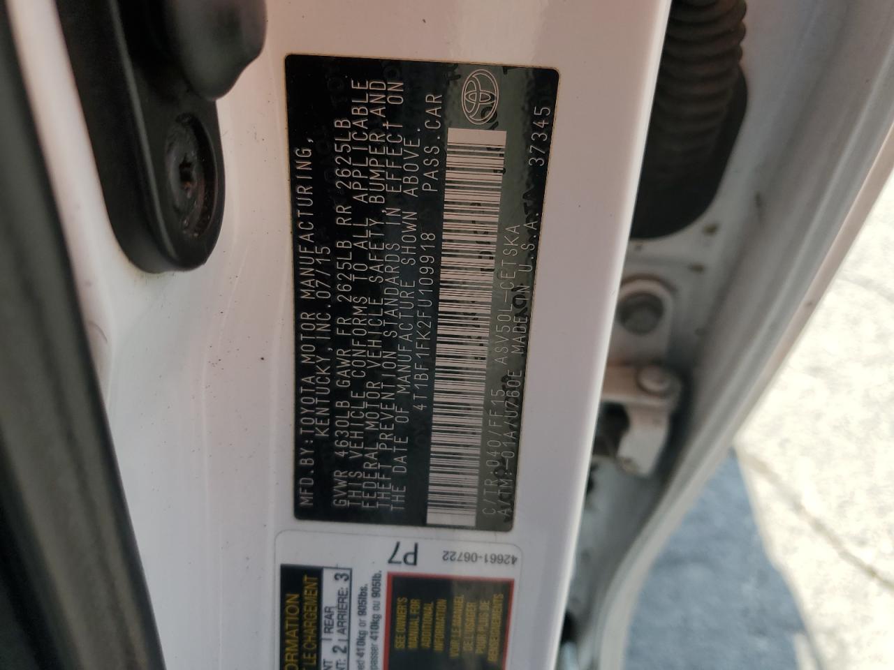 2015 Toyota Camry Le VIN: 4T1BF1FK2FU109918 Lot: 85155585