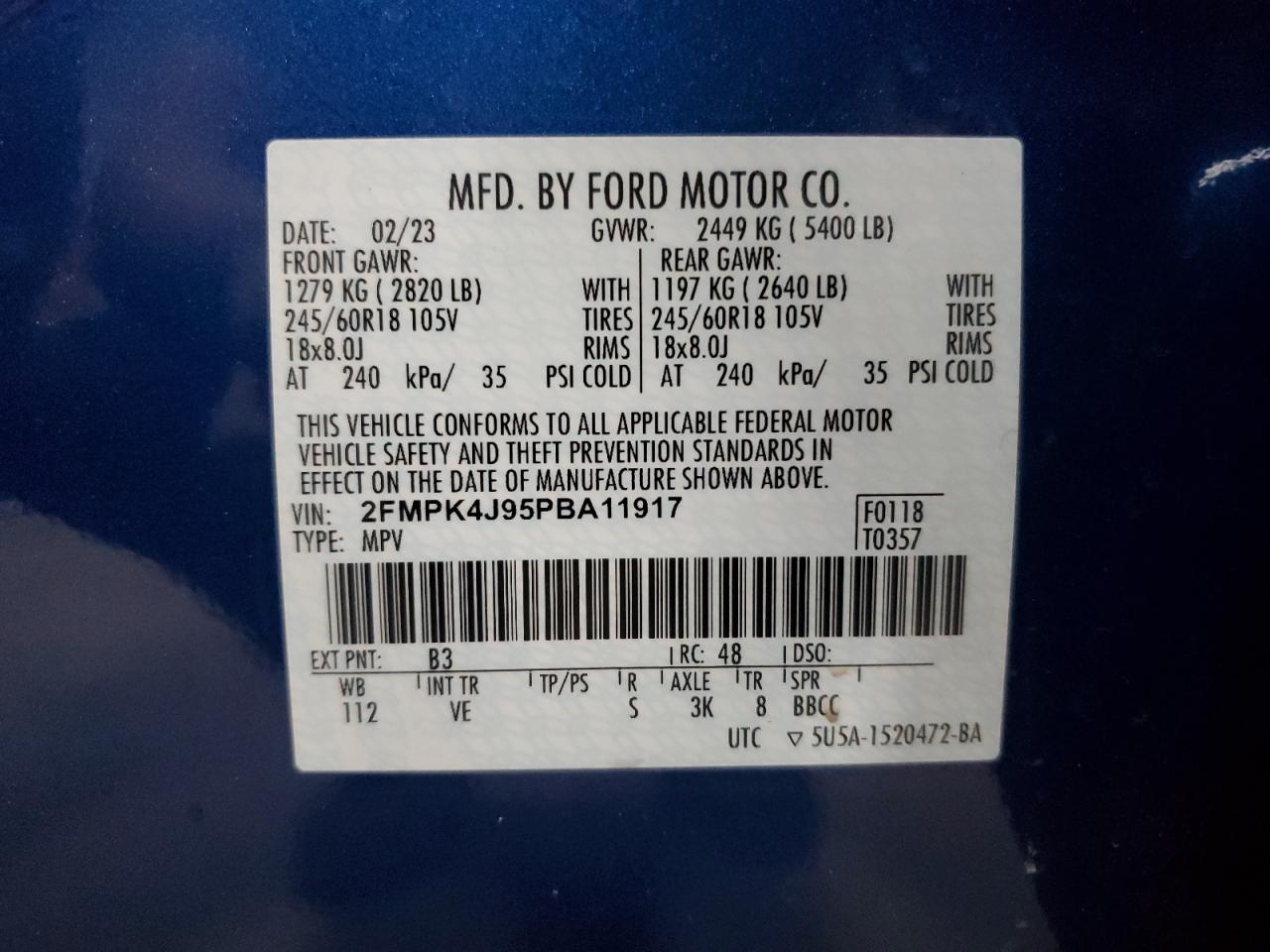 2023 Ford Edge Sel VIN: 2FMPK4J95PBA11917 Lot: 84739375