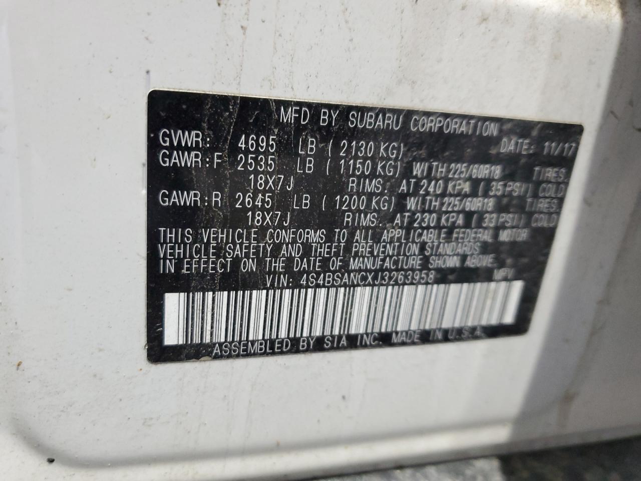 2018 Subaru Outback 2.5I Limited VIN: 4S4BSANCXJ3263958 Lot: 84906955